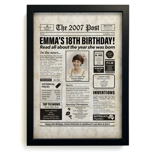 Framed 2007 18th Birthday Personalised Newspaper Gift with Australian Facts