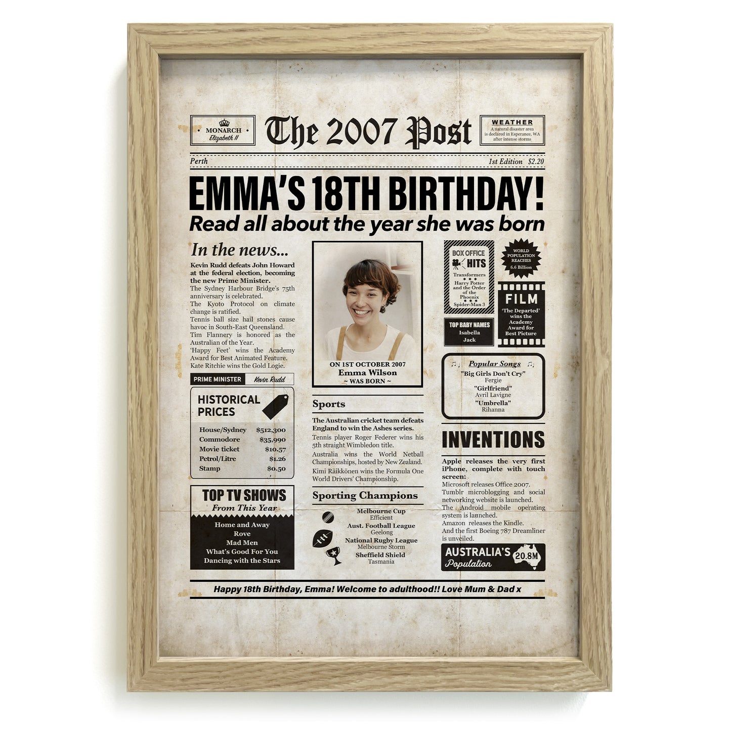 Framed 2007 18th Birthday Personalised Newspaper Gift with Australian Facts