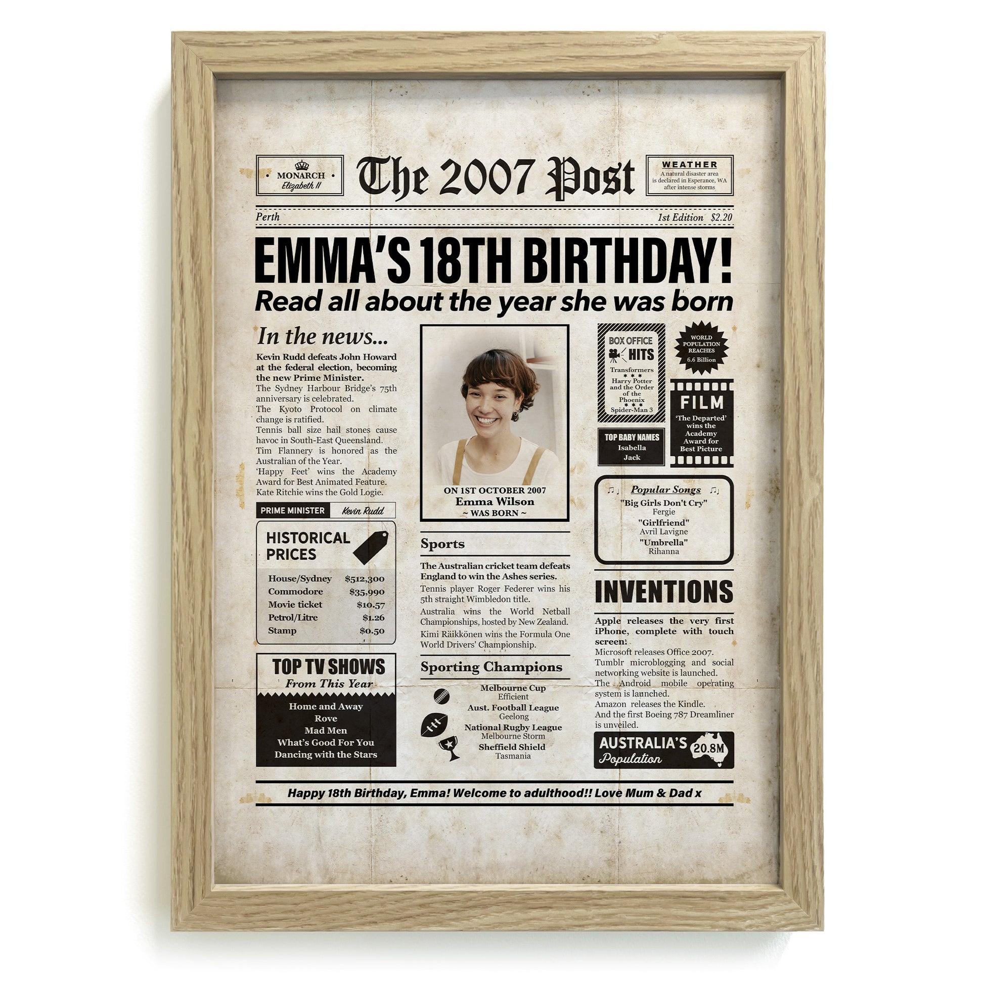 Framed 2007 18th Birthday Personalised Newspaper Gift with Australian Facts