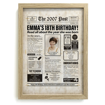 Framed 2007 18th Birthday Personalised Newspaper Gift with Australian Facts