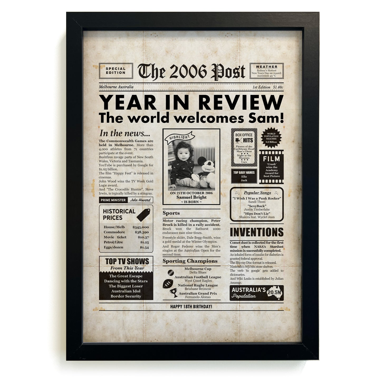 18th Australian Birthday Newspaper with a photo of a child in a black frame