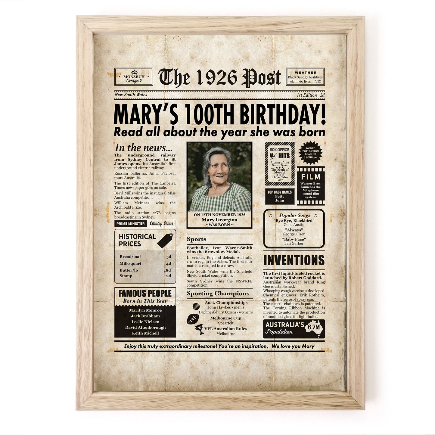 100th Birthday Colour Newspaper Framed Print