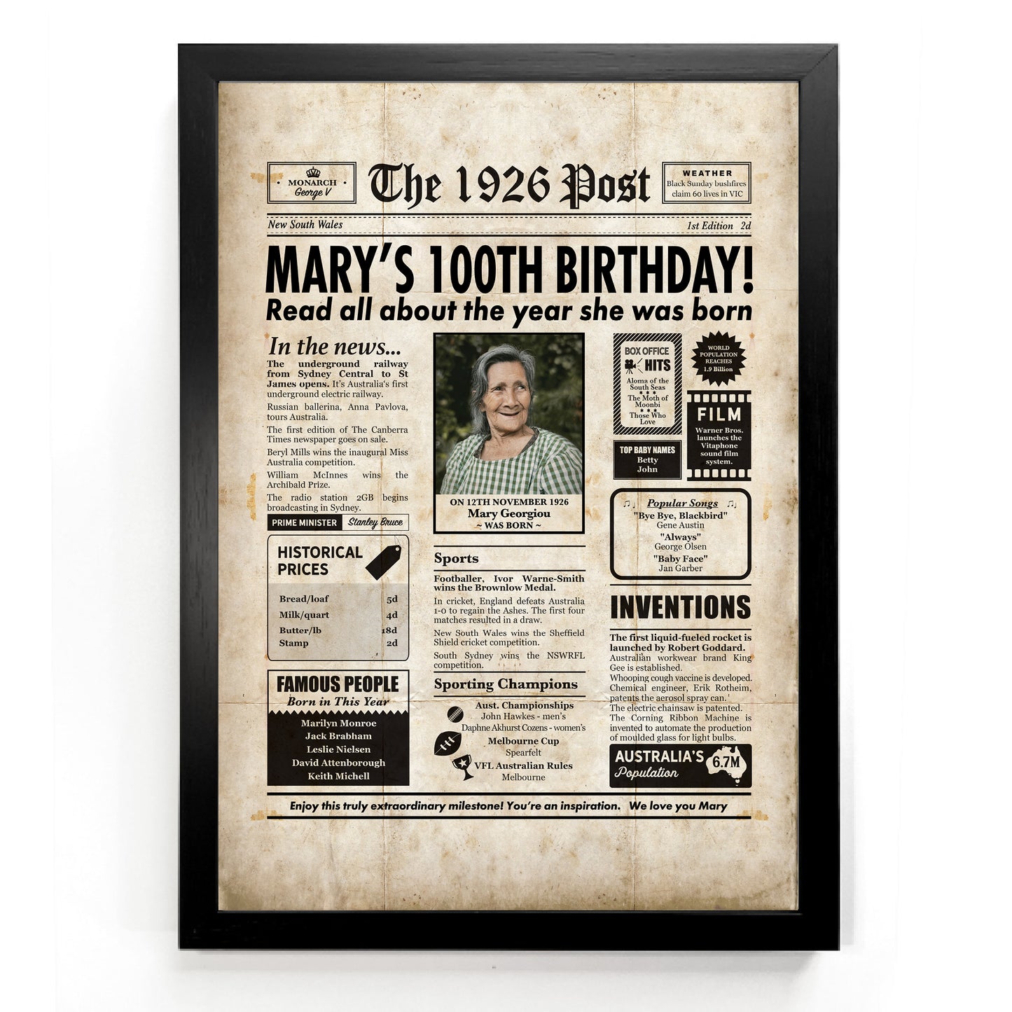 100th Birthday Colour Newspaper Framed Print