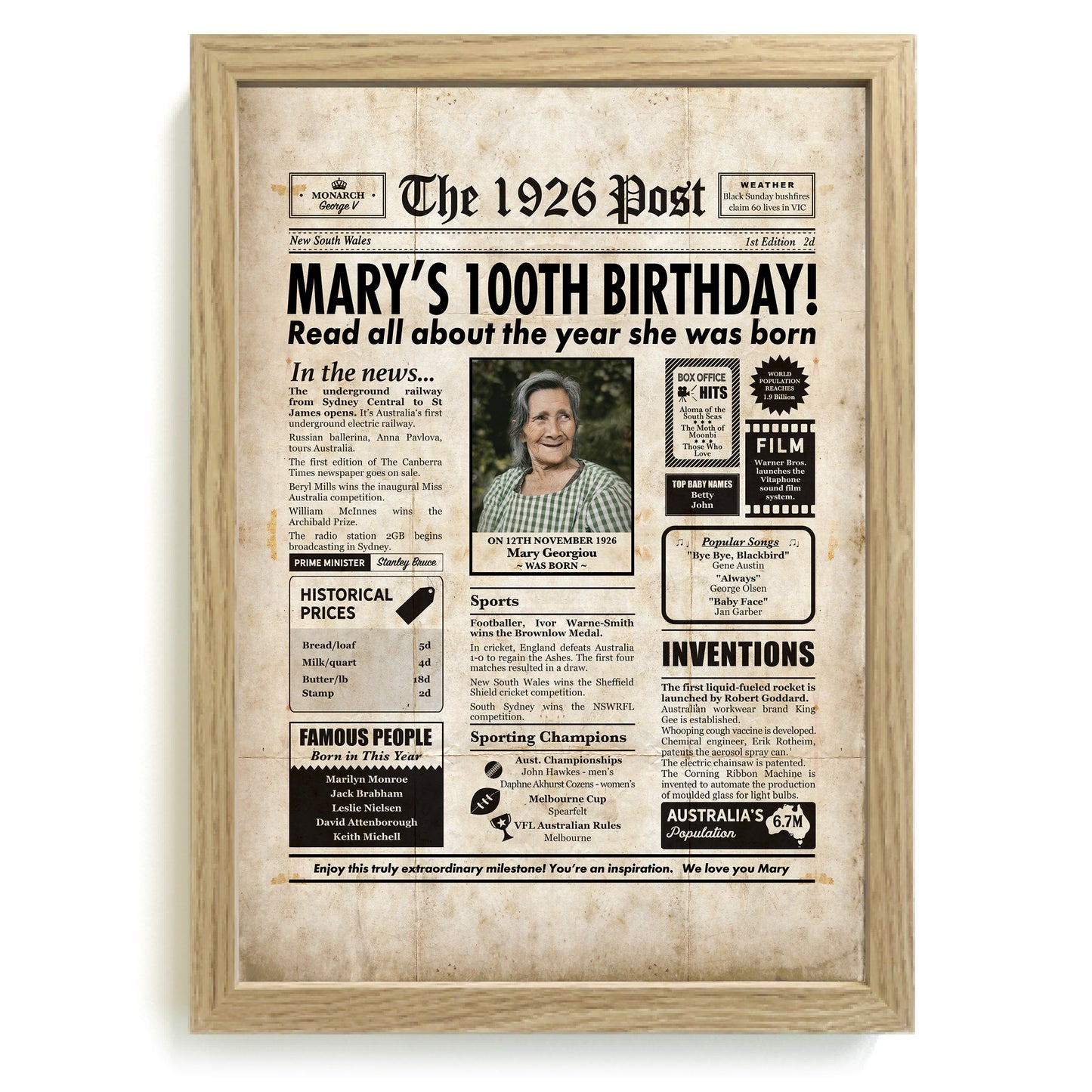 100th Birthday Colour Newspaper Framed Print