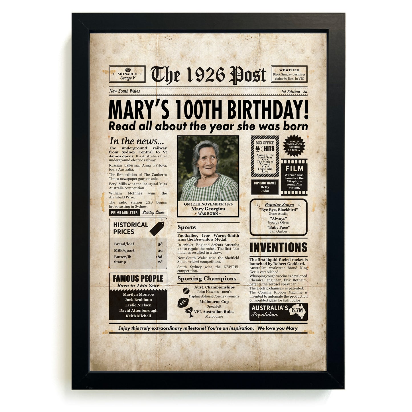 100th Birthday Colour Newspaper Framed Print