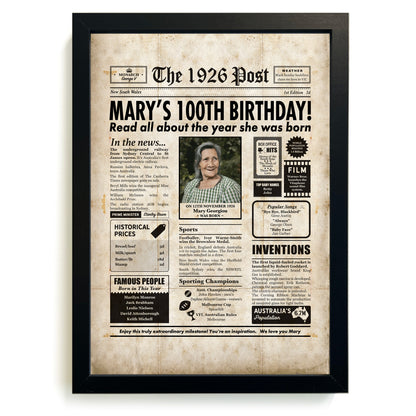 100th Birthday Colour Newspaper Framed Print