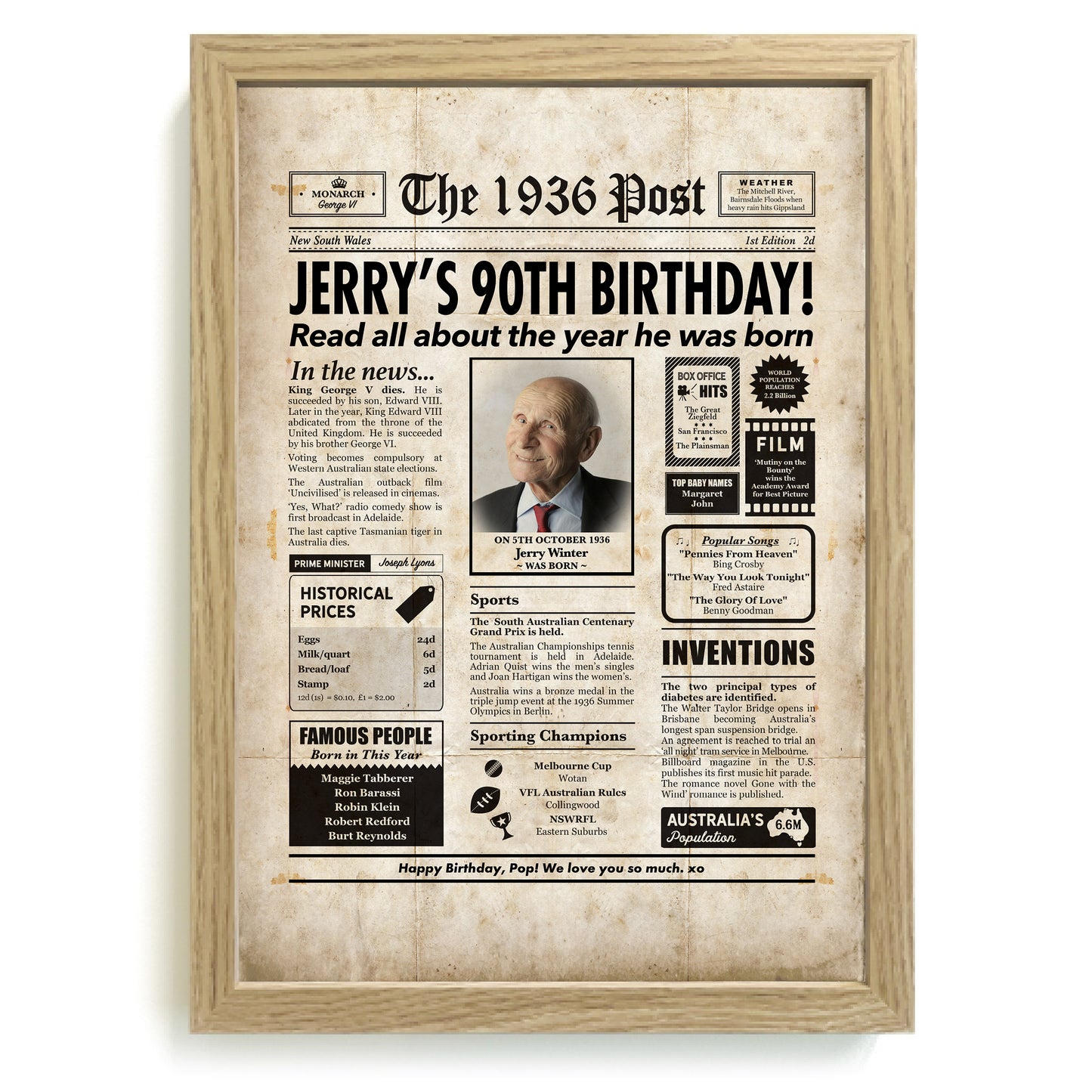 90th Birthday Colour Newspaper Framed Print