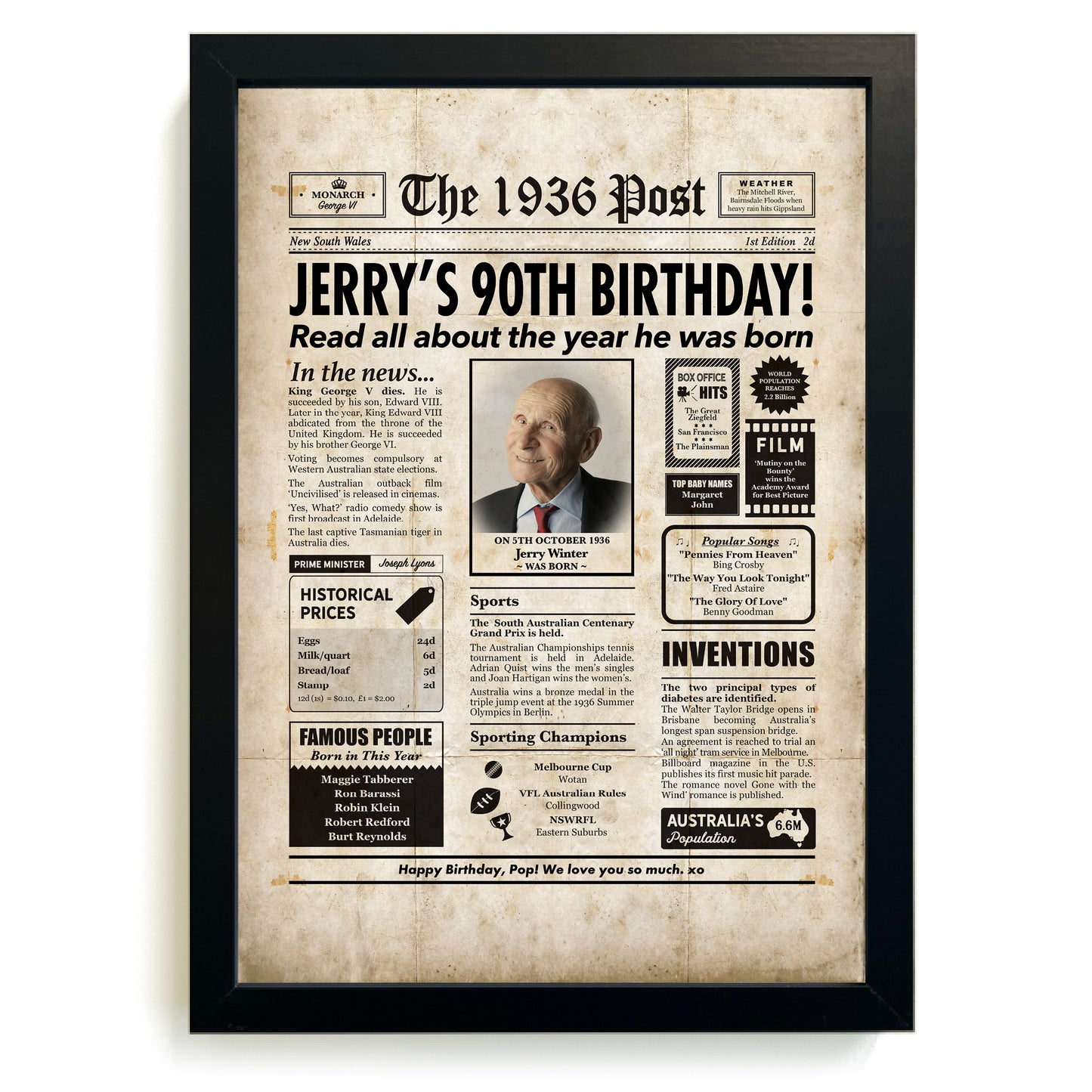 90th Birthday Colour Newspaper Framed Print