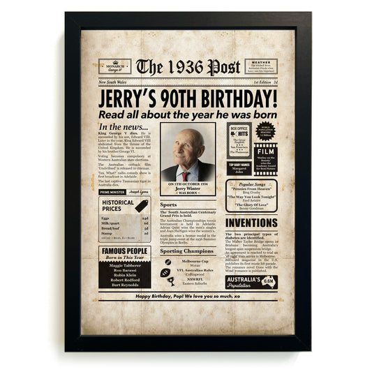 90th Birthday Colour Newspaper Framed Print