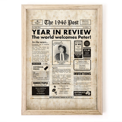 Framed newspaper poster print titled The 1946 Post, featuring an 80th birthday headline with faux vintage newspaper design.
