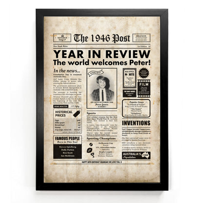 80th birthday newspaper framed print titled The 1946 Post, set in a black frame.
