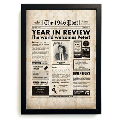 Framed "The 1946 Post" newspaper-style poster with birthday personalization, featuring vintage-inspired newspaper design.
