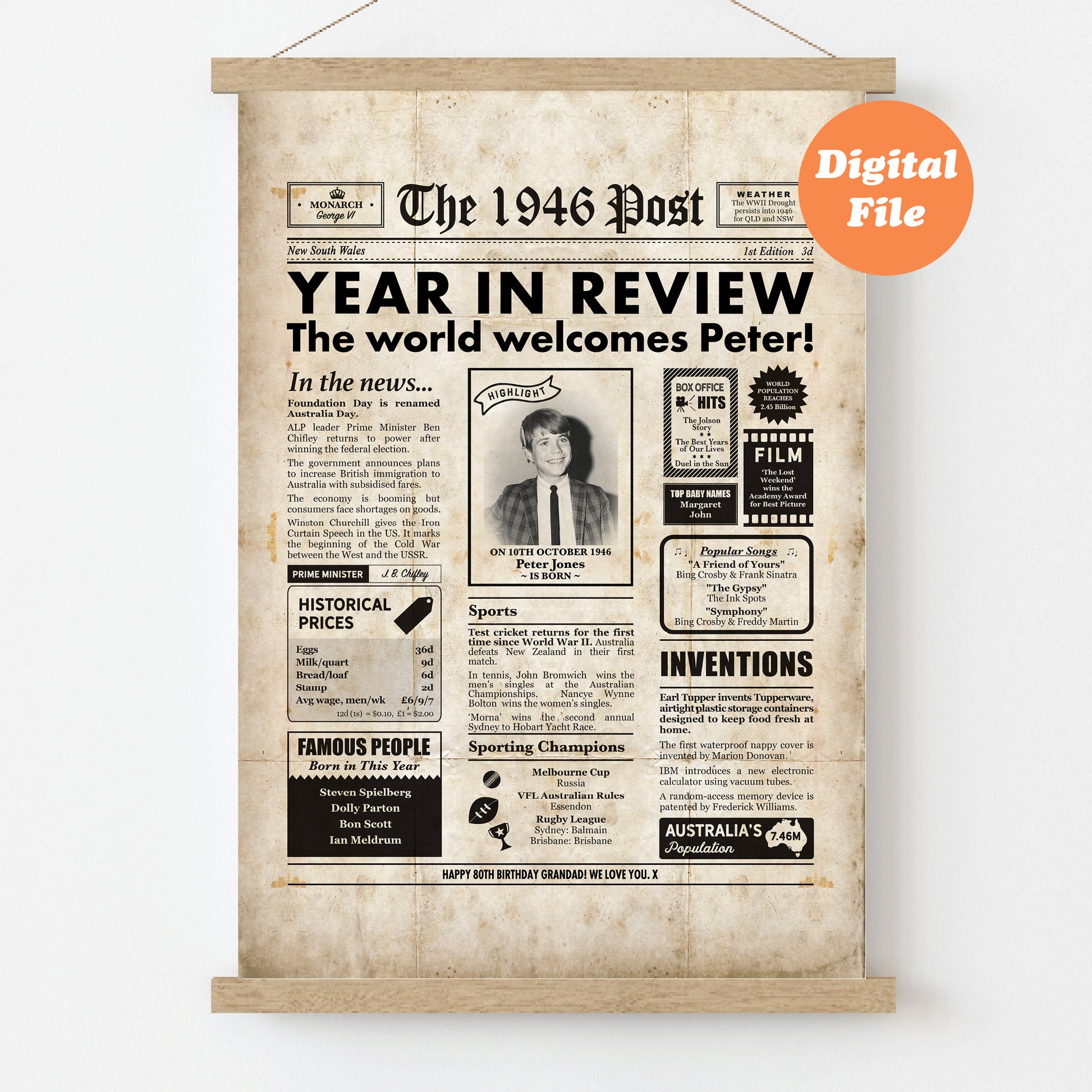 Personalized newspaper poster for an 80th birthday, with vintage design, headline, and customized details.