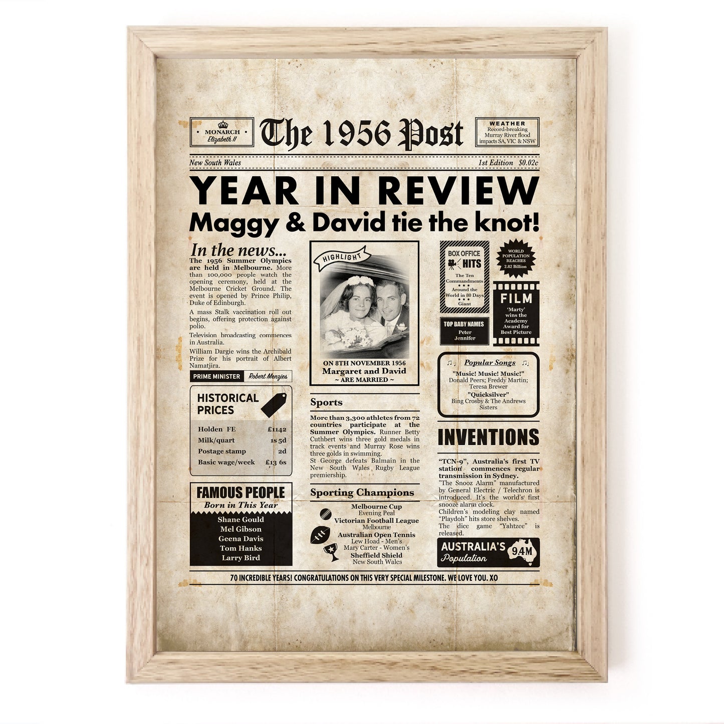 70th Anniversary Newspaper Framed Print