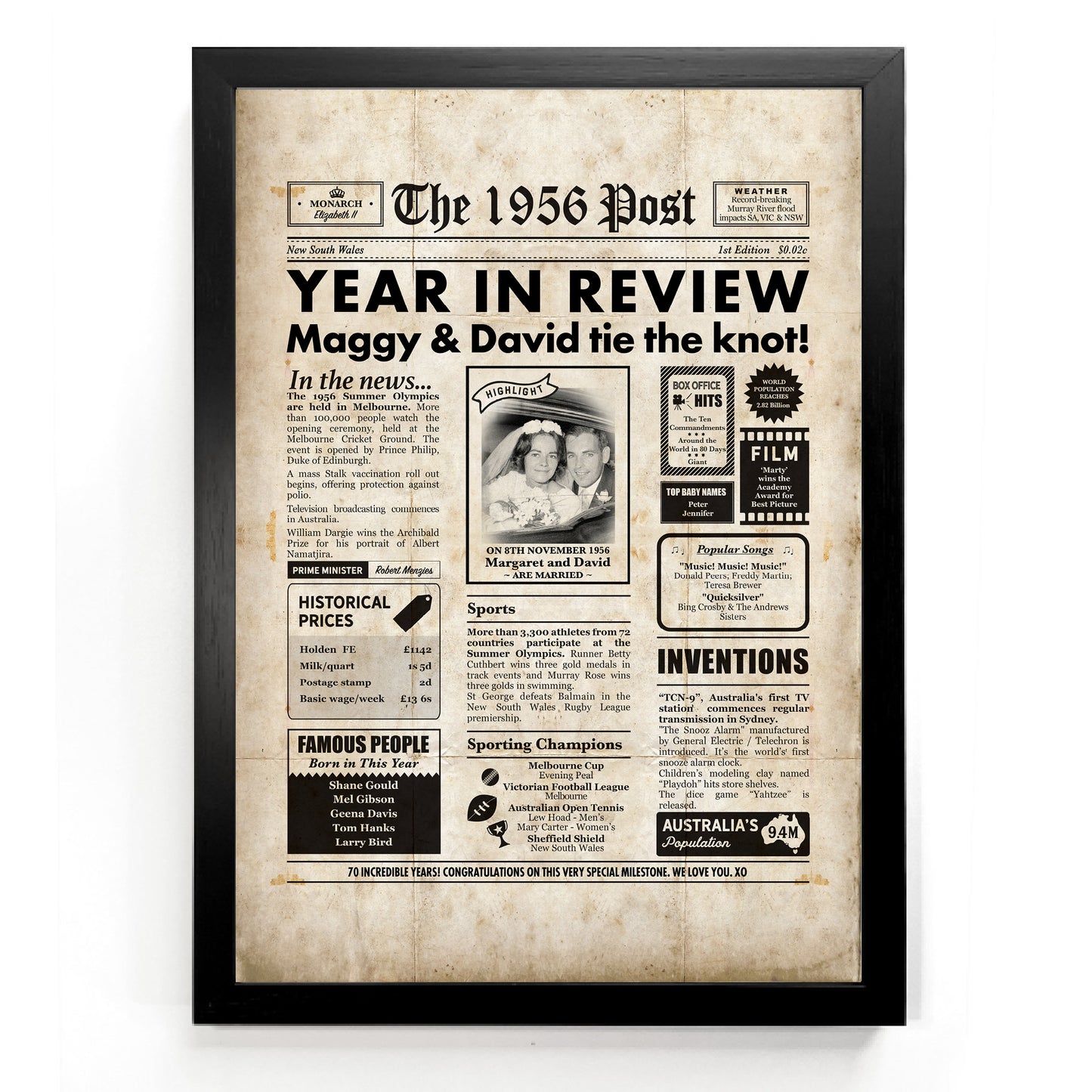 70th Anniversary Newspaper Framed Print