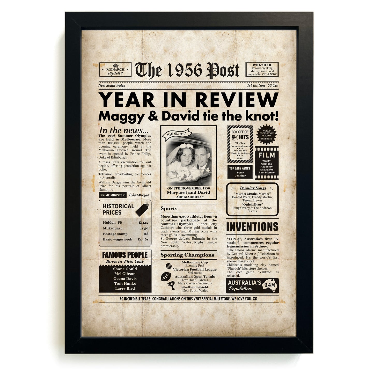 70th Anniversary Newspaper Framed Print