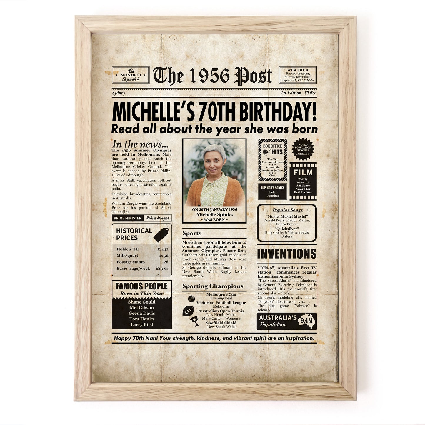 70th Birthday Colour Newspaper Framed Print