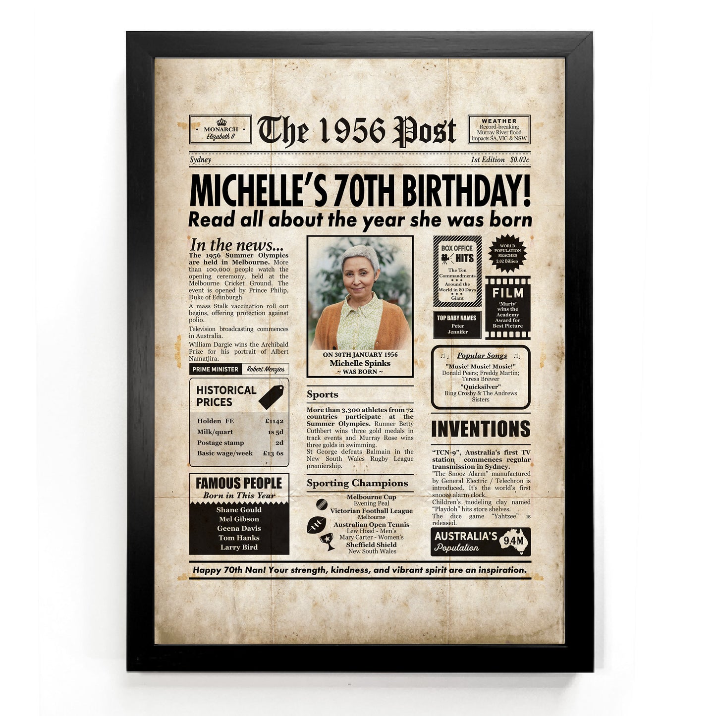 70th Birthday Colour Newspaper Framed Print