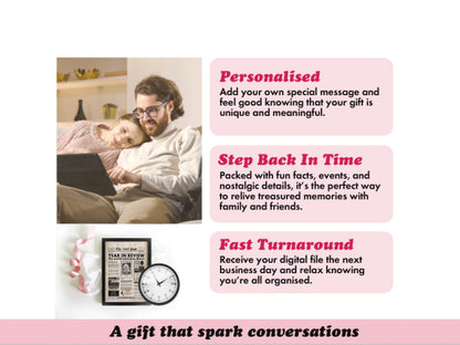 70th Birthday Digital Newspaper featuring a clock and headline examples, with personalized messaging for family and friends.