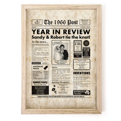 60th Anniversary newspaper framed print by Milestones Studio, with a distressed finish, celebrating 1966 events in a wooden frame.
