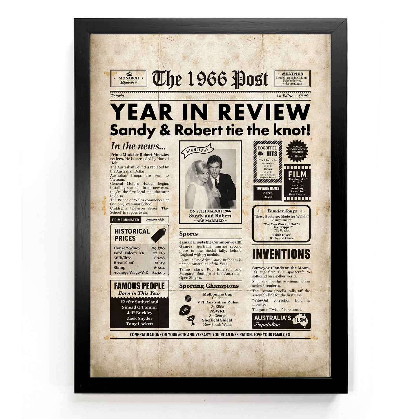 Vintage newspaper framed print for a 60th anniversary titled Milestones Studio, featuring historical 1966 news headlines in black and beige.
