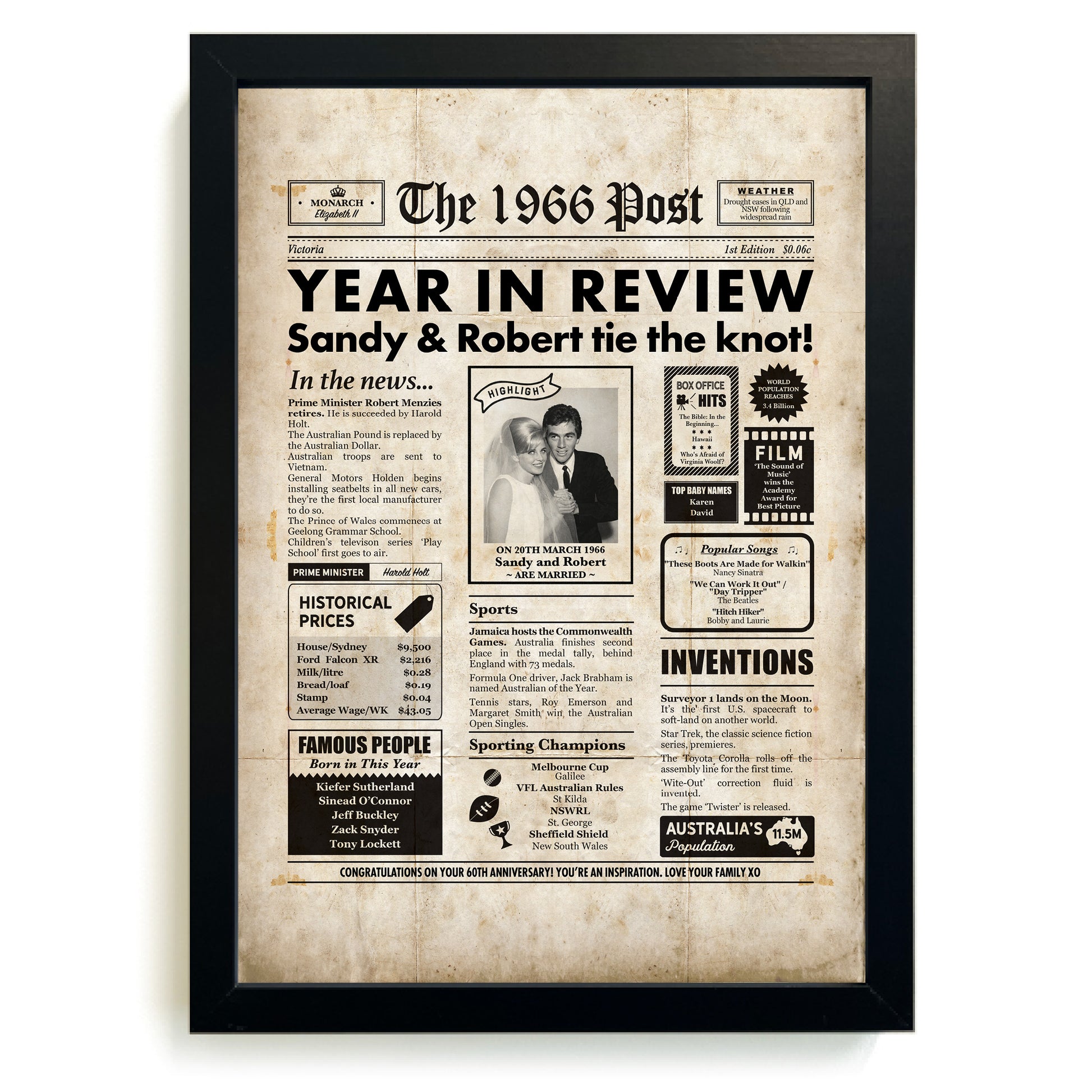 Framed newspaper-style poster with vintage design elements on a white background