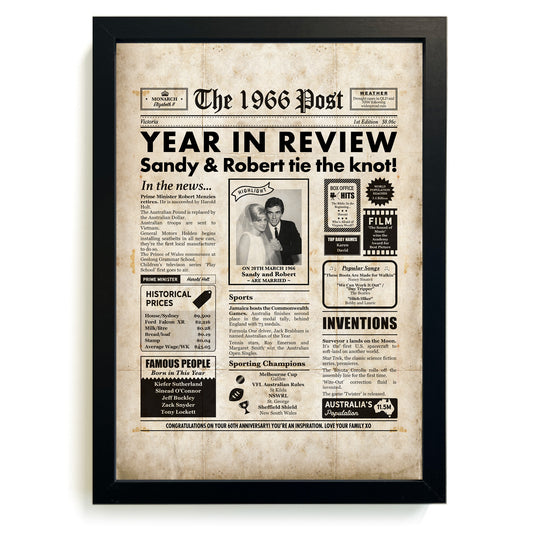 Framed newspaper-style poster with vintage design elements on a white background