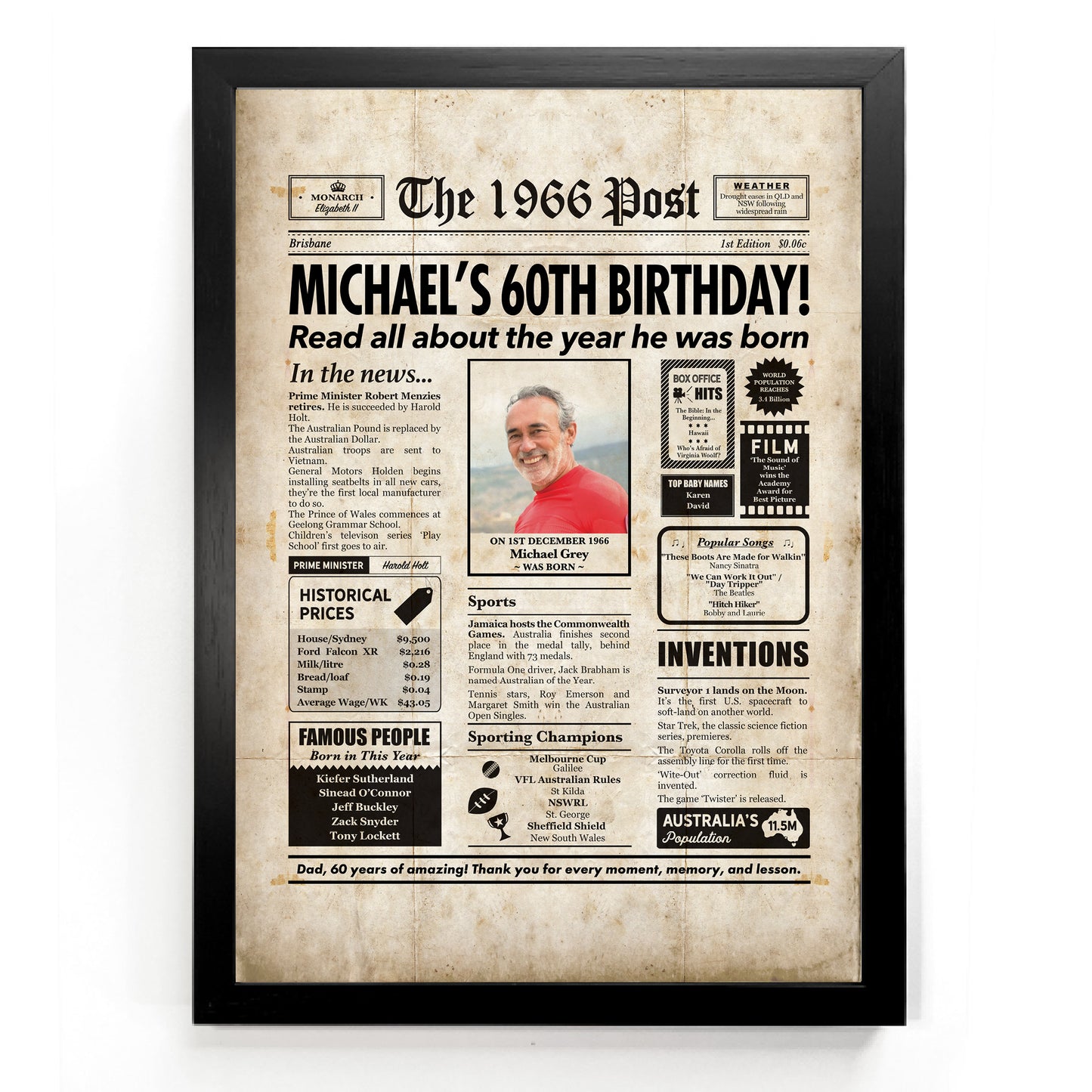 60th Birthday Colour Newspaper Framed Print