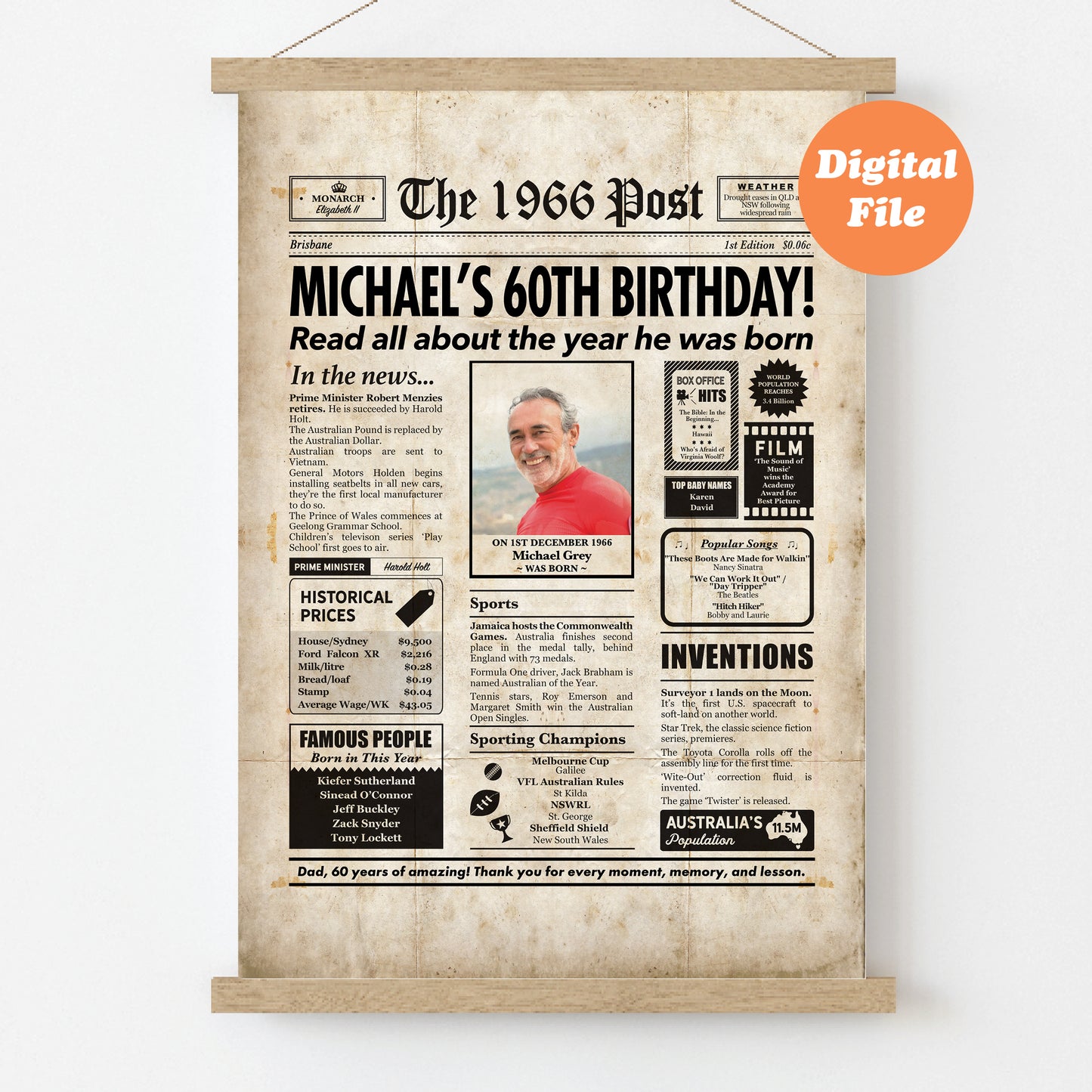 Year You Were Born Persoanlised Colour Birthday Newspaper Poster
