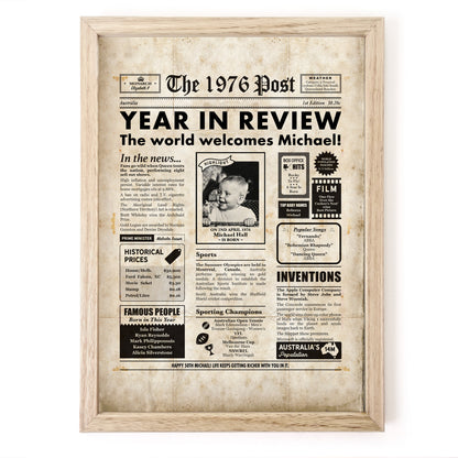 Framed newspaper print for a 50th birthday celebration with vintage style and customizable details.
