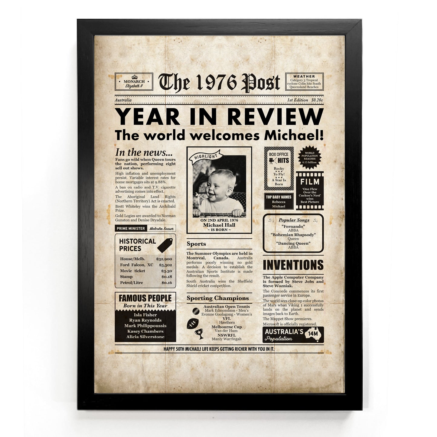 Framed "The 1976 Post" newspaper print, celebrating a 50th birthday, featuring historical headlines and a personalized message.
