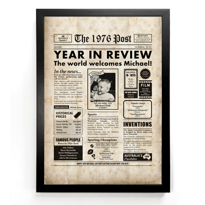 Framed "The 1976 Post" newspaper print, celebrating a 50th birthday, featuring historical headlines and a personalized message.
