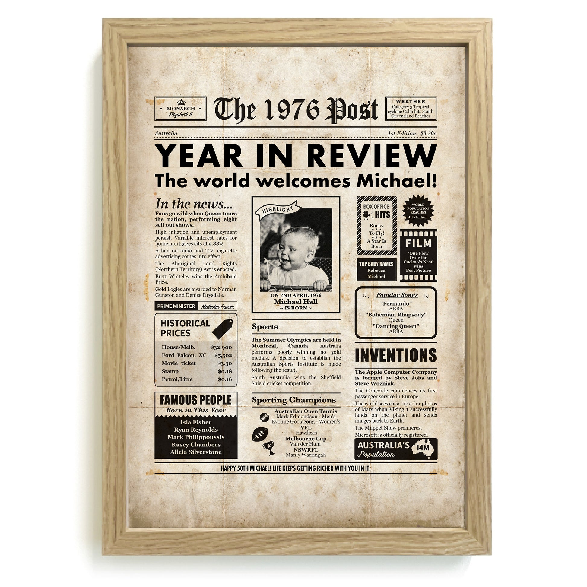 Framed newspaper print for a 50th birthday with news and events from 1976, set in a light wood frame.
