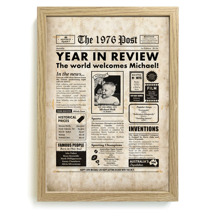 Framed newspaper print for a 50th birthday with news and events from 1976, set in a light wood frame.
