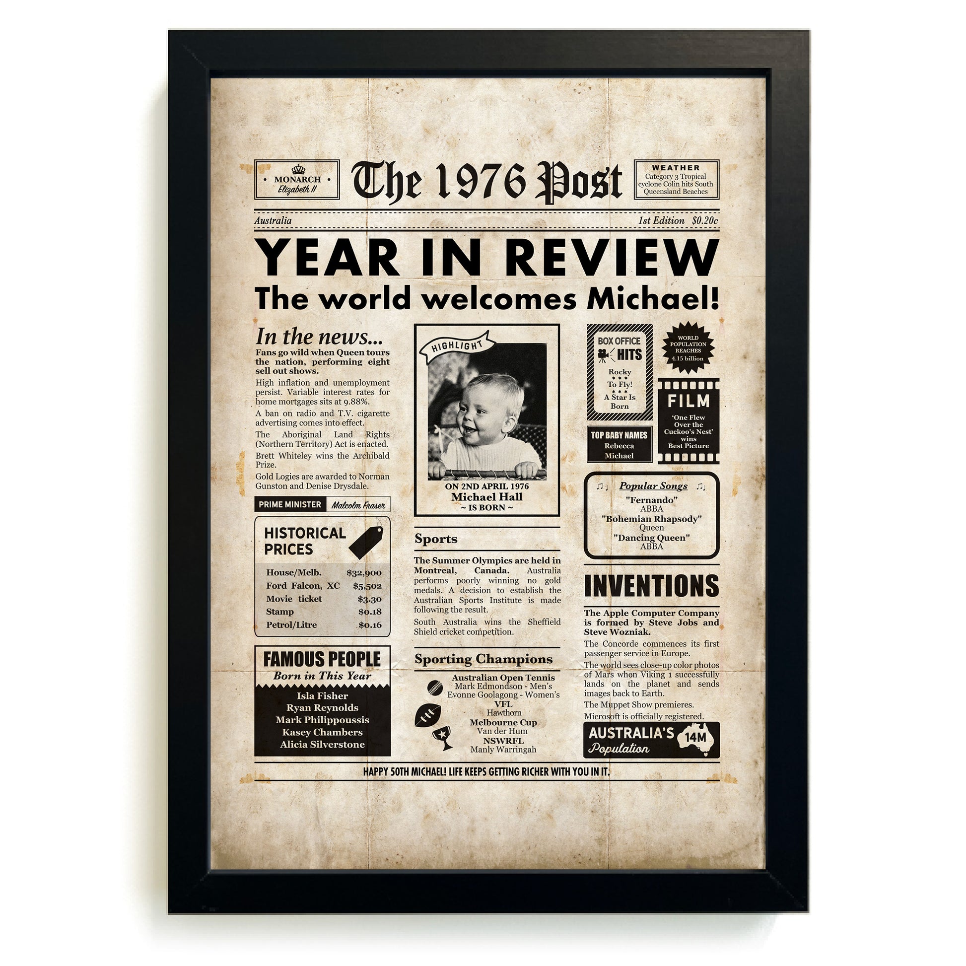50th Birthday Newspaper framed print with a black frame.