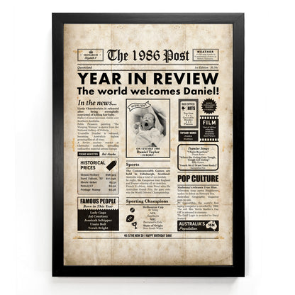 Framed 40th birthday newspaper poster print by Milestones Studio featuring a "Year in Review" design in a black frame.
