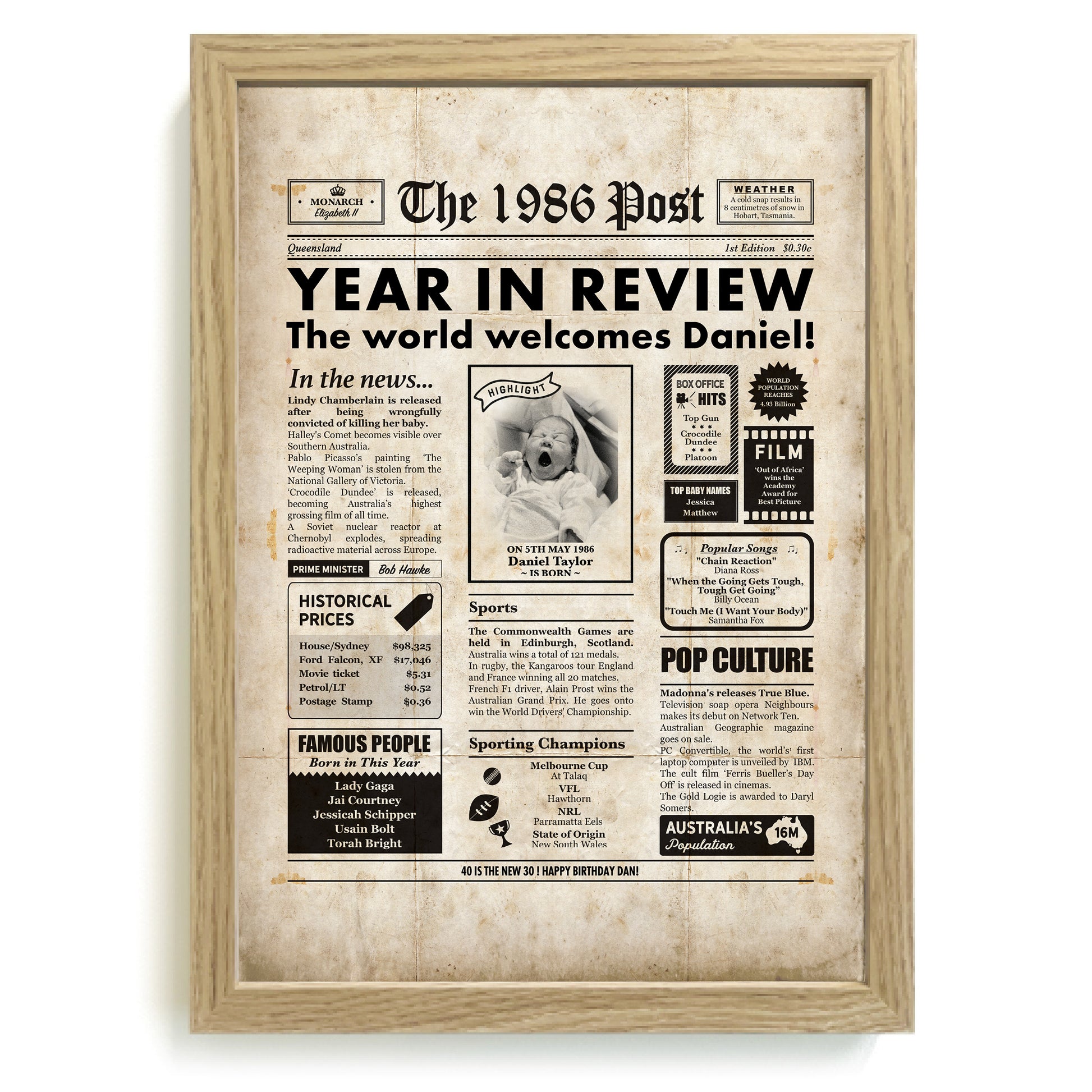 Framed 40th birthday newspaper print with wood frame.