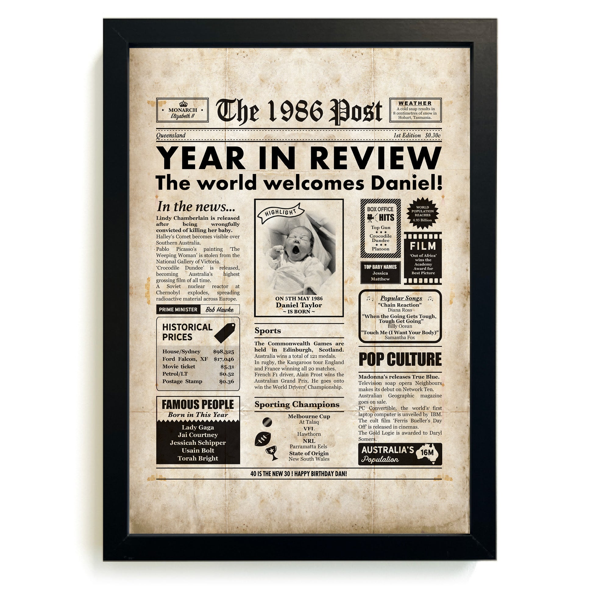 Framed newspaper print by Milestones Studio featuring a 1986 "Year in Review" theme.