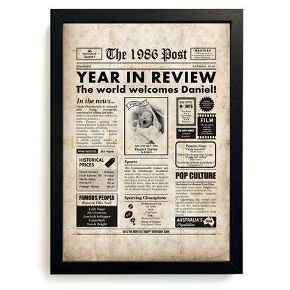 Framed newspaper print by Milestones Studio featuring a 1986 "Year in Review" theme.