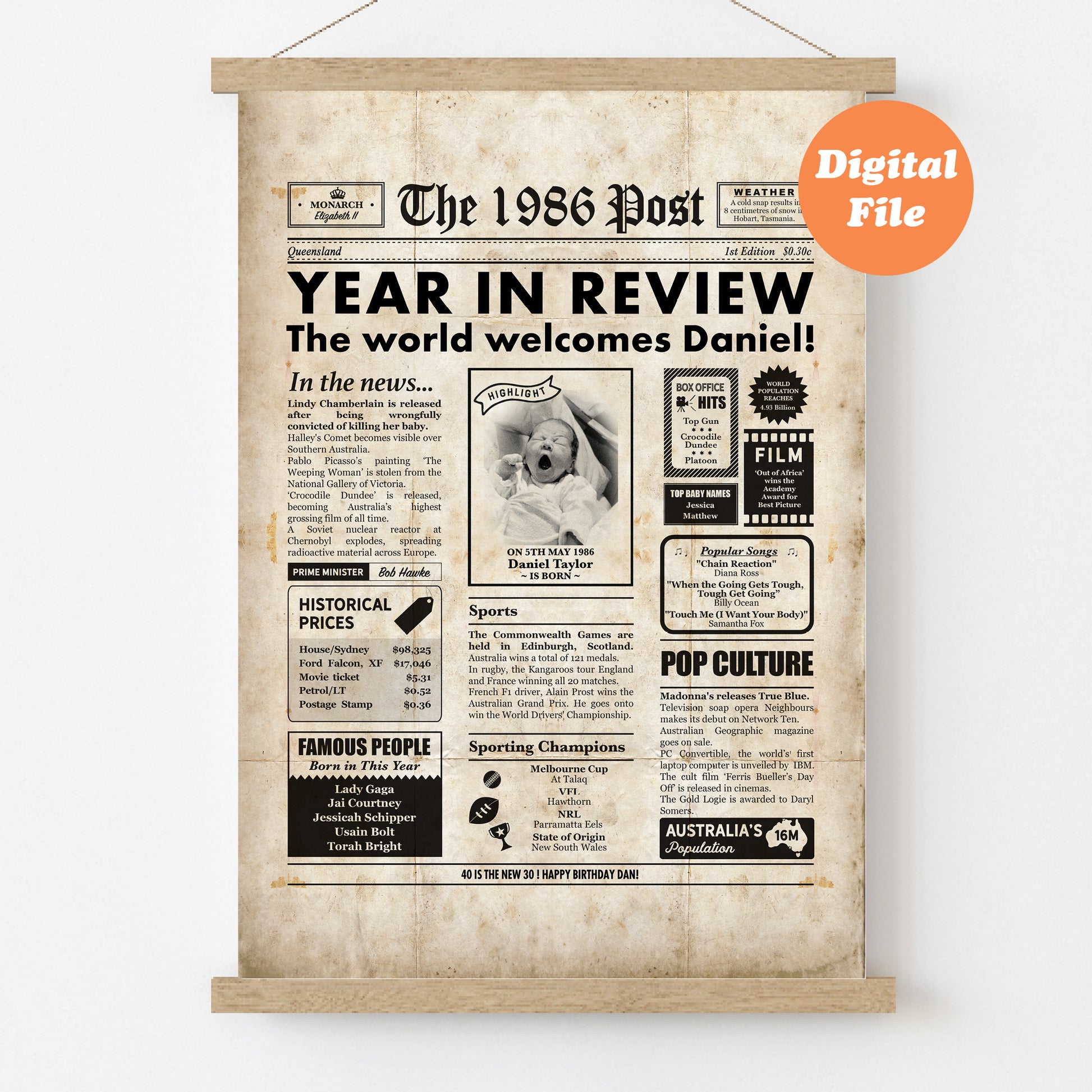Vintage-style 40th birthday newspaper poster with a customized headline and 1986 news highlights.