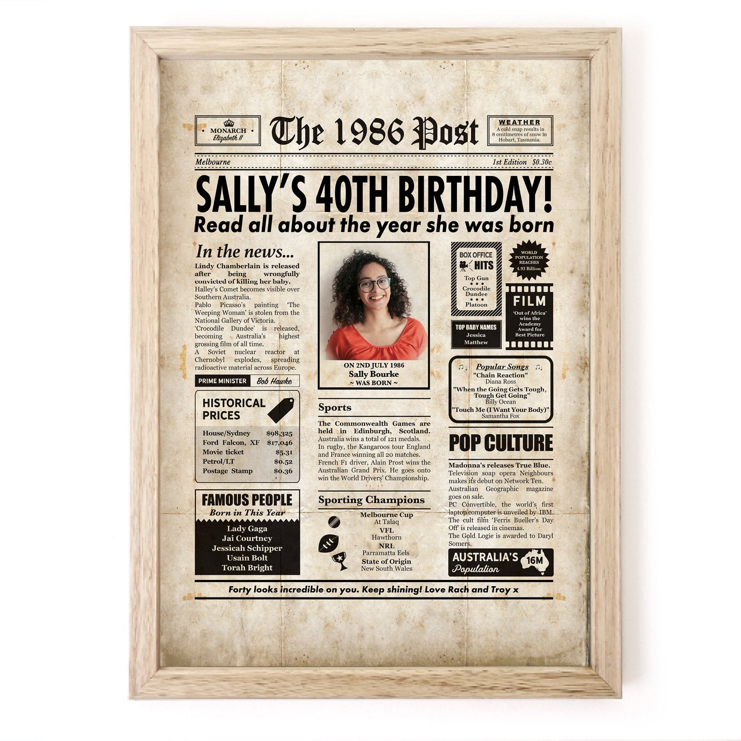Colourful newspaper framed print by Milestones Studio featuring "The 1986 Post" headline with birthday and historical snippets.