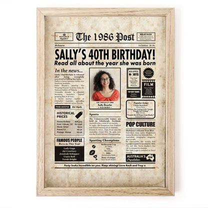 Colourful newspaper framed print by Milestones Studio featuring "The 1986 Post" headline with birthday and historical snippets.