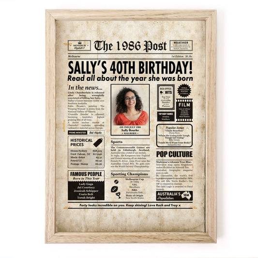 Colourful newspaper framed print by Milestones Studio featuring "The 1986 Post" headline with birthday and historical snippets.