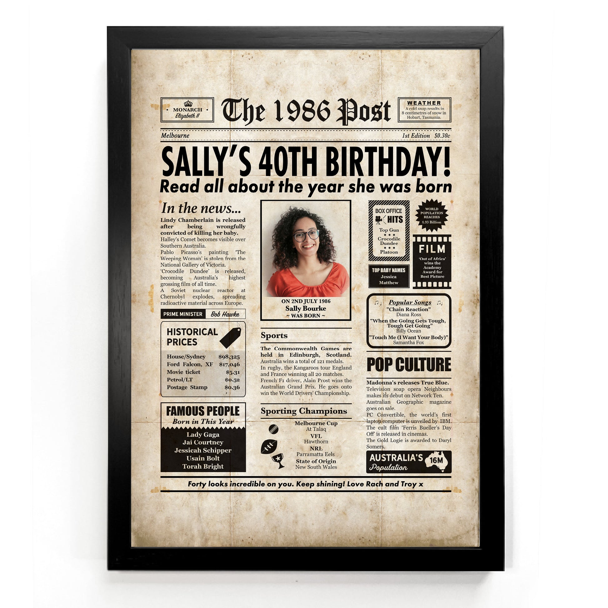 Framed 40th birthday color newspaper print with a black frame.