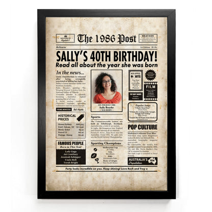 Framed 40th birthday color newspaper print with a black frame.