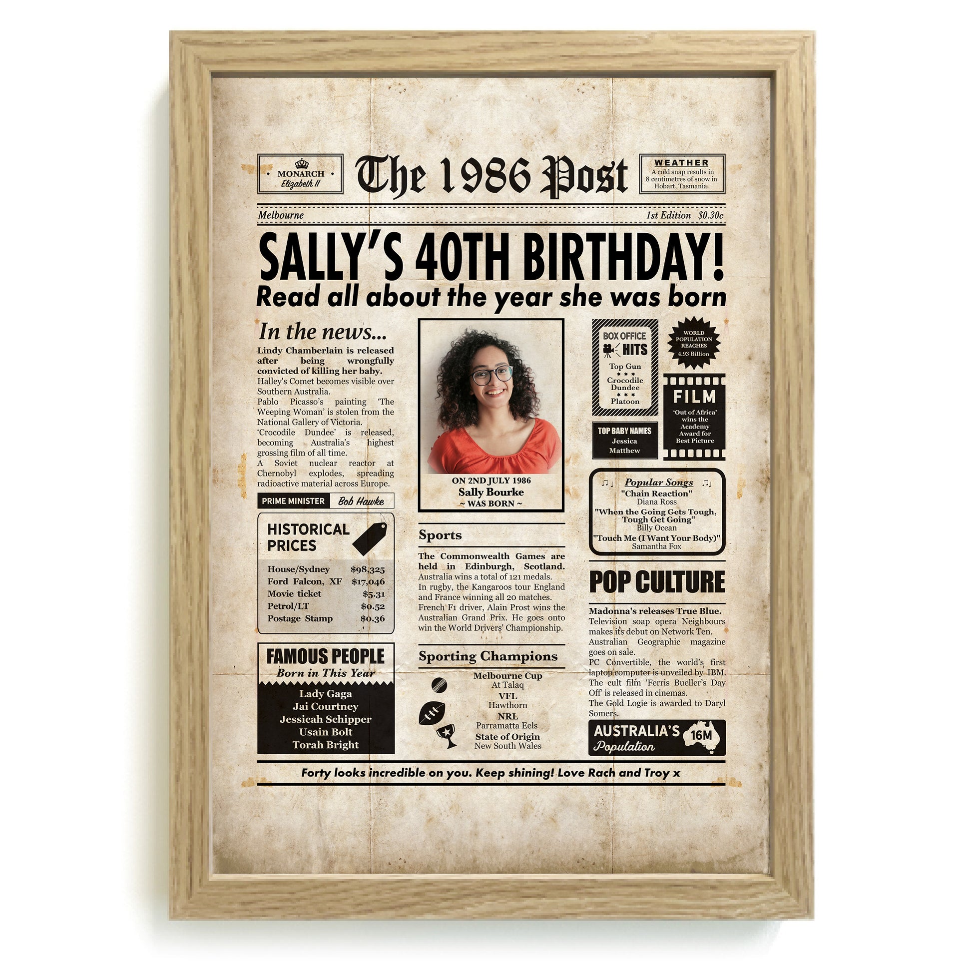 Framed 40th birthday newspaper print with a sepia tone and wood frame.