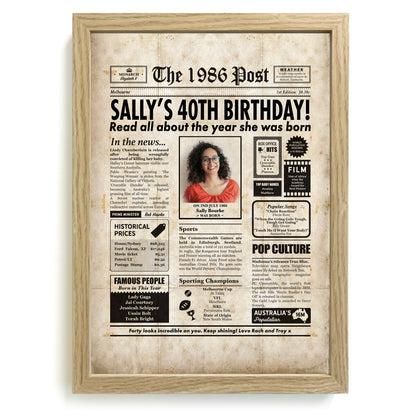 Framed 40th birthday newspaper print with a sepia tone and wood frame.