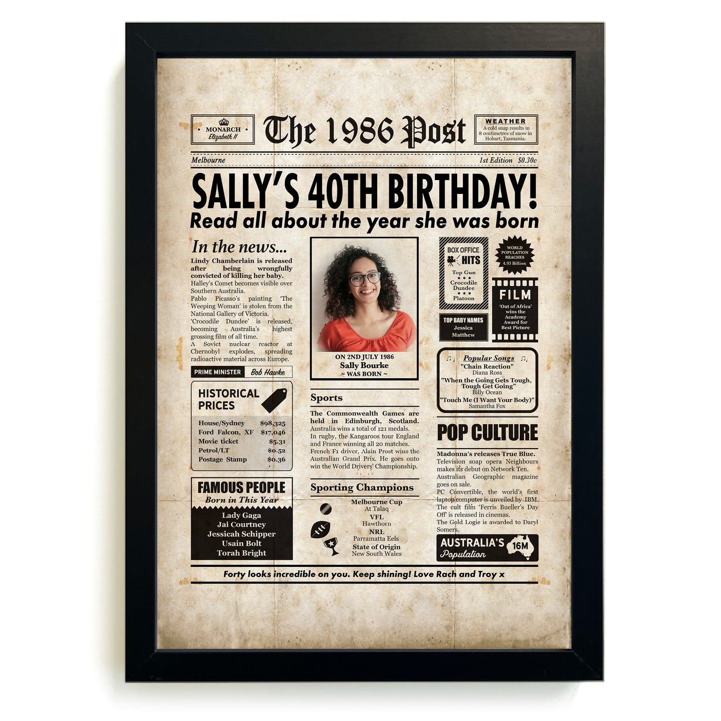 Framed colour newspaper print for a 40th birthday, featuring a black frame.