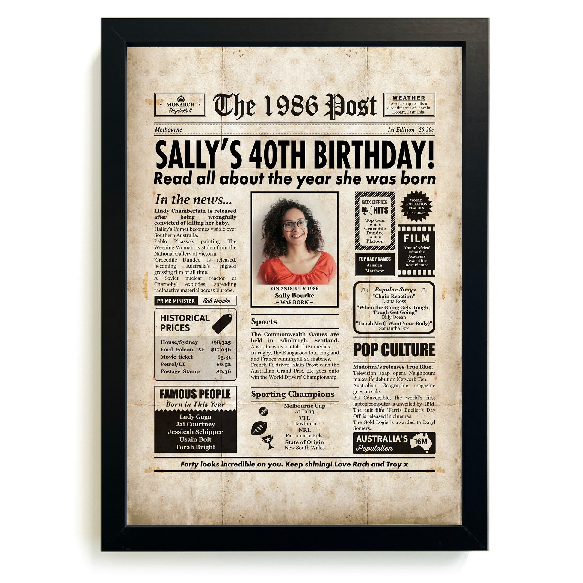Framed colour newspaper print for a 40th birthday, featuring a black frame.