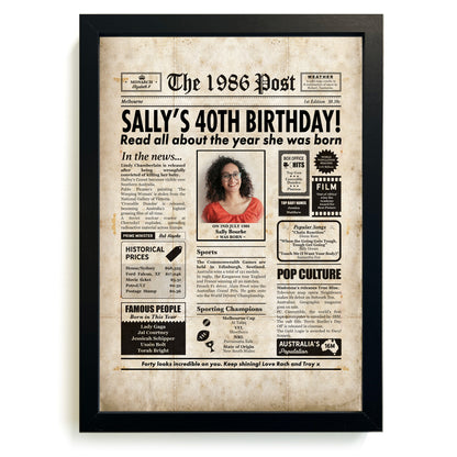 Framed colour newspaper print for a 40th birthday, featuring a black frame.
